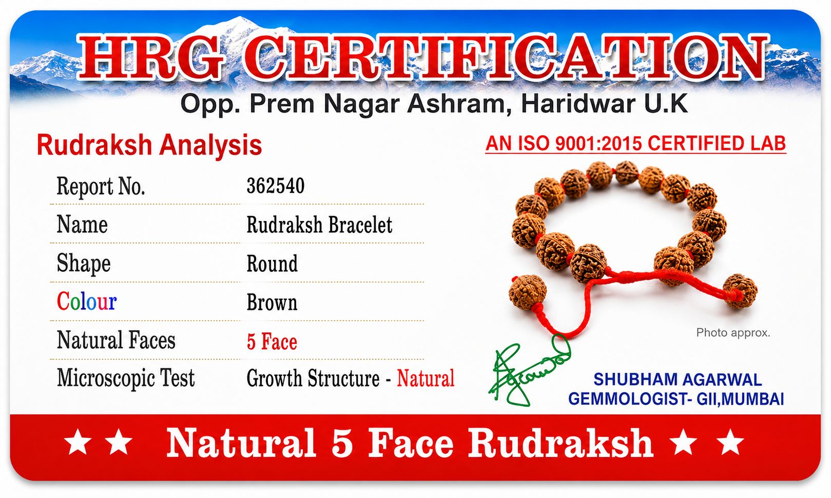 5 Mukhi rudraksh bracelet Cerificate